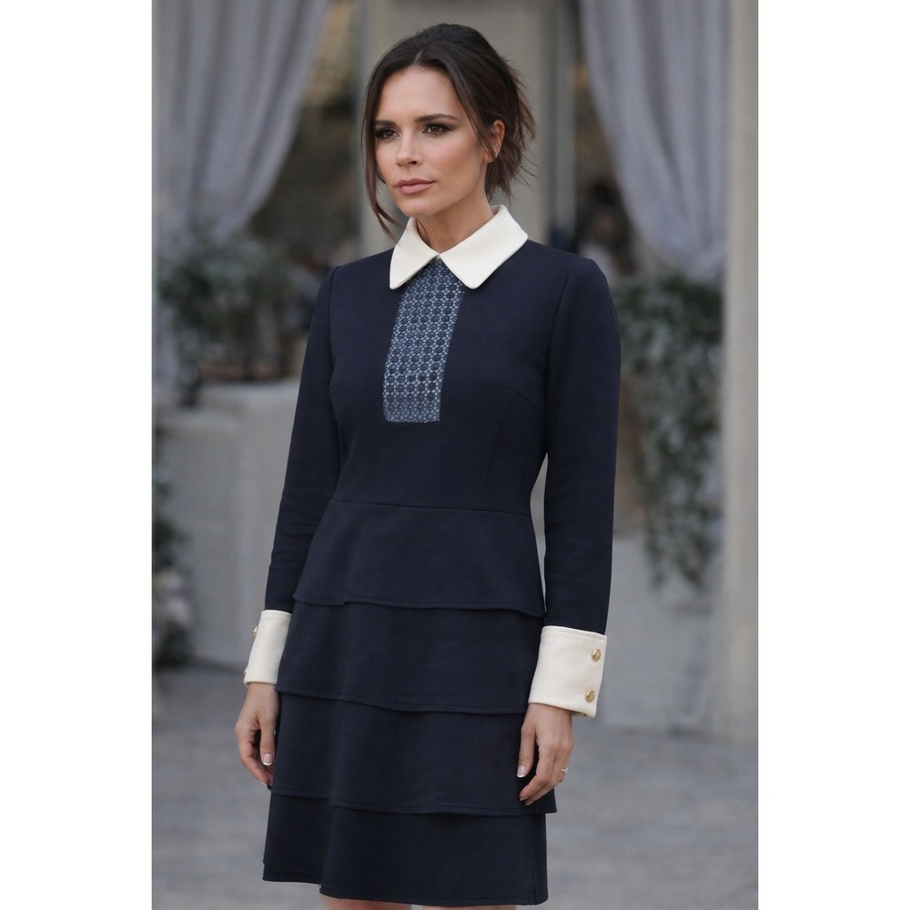 Victoria Beckham Tiered Mini Dress Navy Blue Cream Lace Collar Long Sleeve 34"